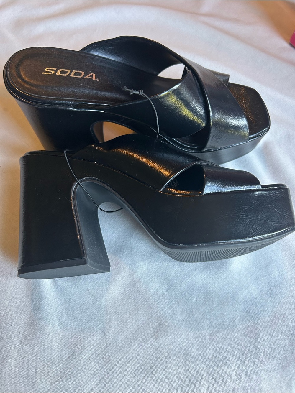 Soda Black Platform Crisscross Square-Toe Slide Mules